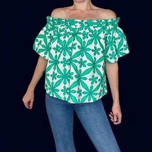 Skies Are Blue Green & White Embroidered Off-The-Shoulder Blouse